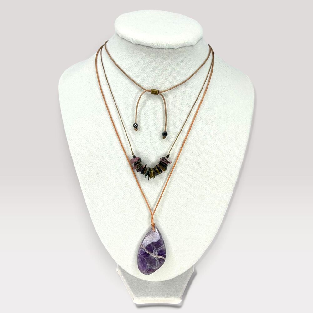 Natural Stone Amethyst Pendant and Chip Bead Necklace Set